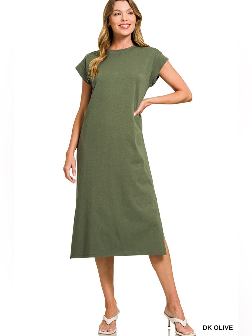 Zenana “Olive Green” Women’s Round Neck Short Sleeve Midi Dress